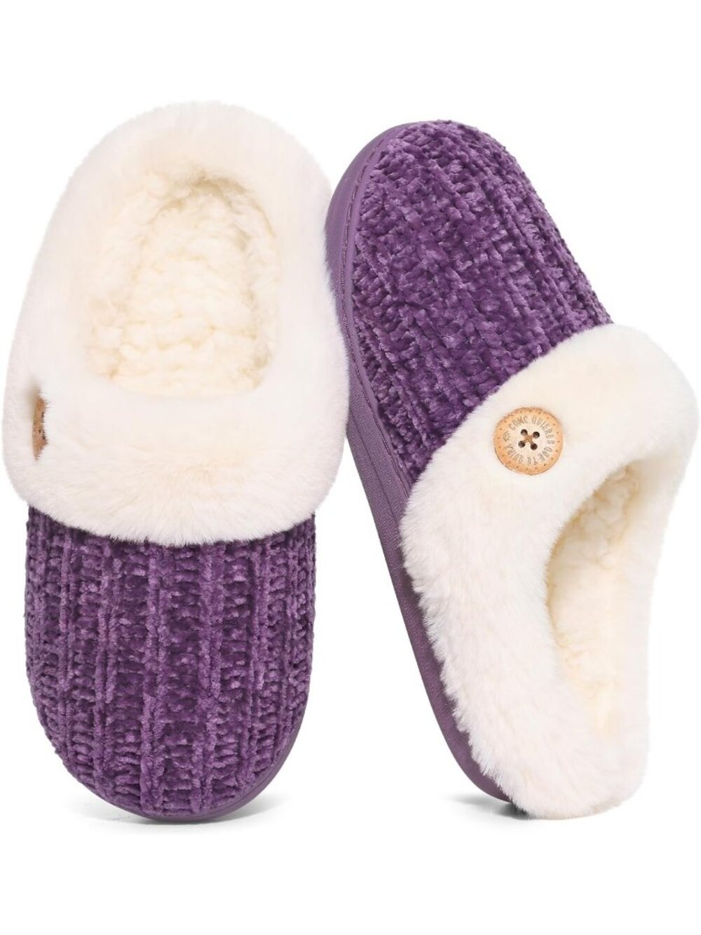 Women Buttoned Purple Comfy Wool Like Lined Closed Toe Warm Knit Slipper Shoes